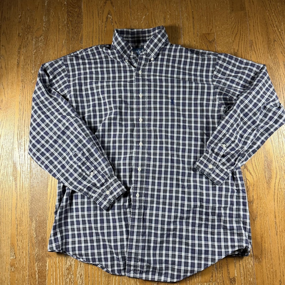 Ralph Lauren Shirt Mens 17 34/35 Blue Plaid Long Sleeve Yarmouth Button Down
